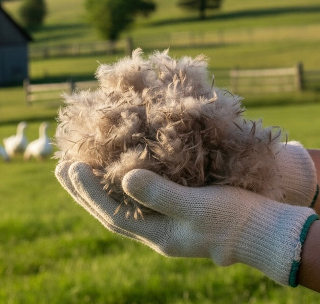 Gloved hand holding a handful of responsibly sourced down feathers on a farm with geese in the background, showing the natural fill used in OneSheep Down Pillows.